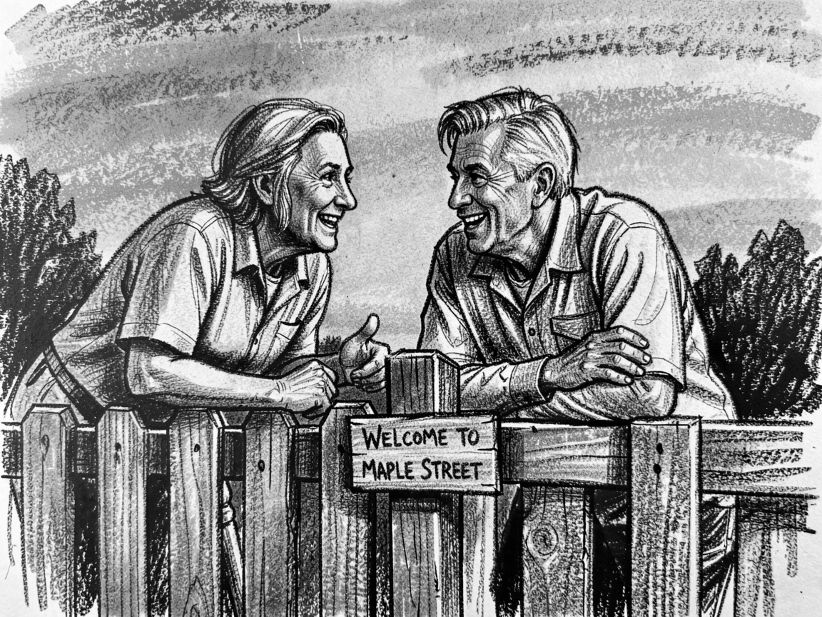 Neighbors chatting over a garden fence, as the last light of day fades to dusk.