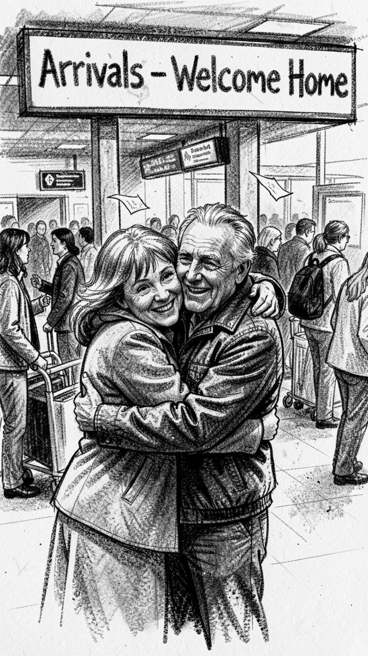 An old friend reunion at a busy airport arrivals gate, with a light breeze stirring the surroundings.