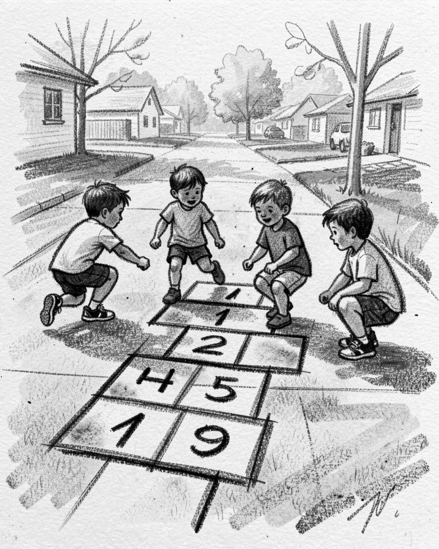 Children playing hopscotch on a neighborhood sidewalk, on a quiet, peaceful afternoon.