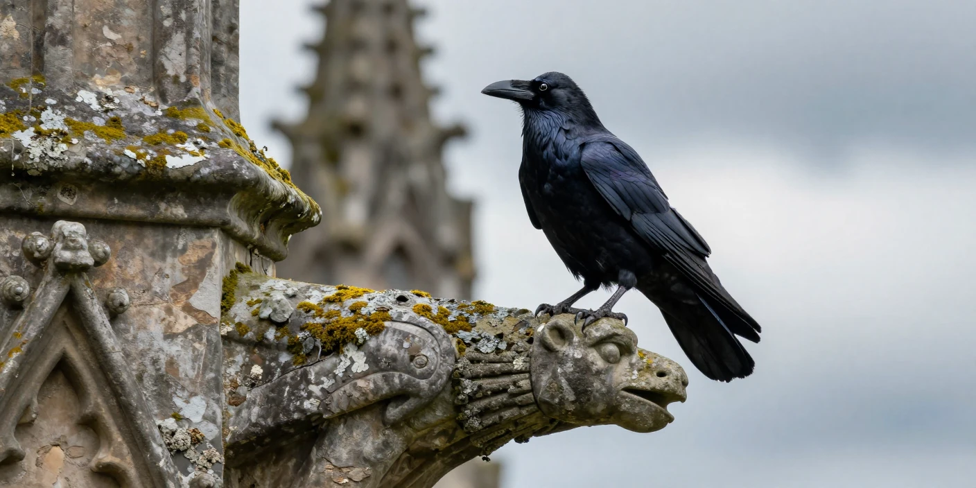A raven perched atop a weathered stone gargoyle