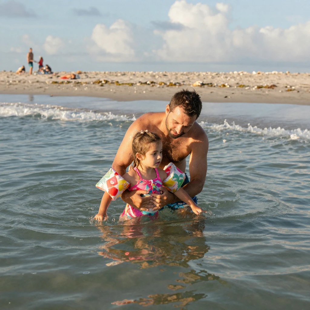 A father teaches his daughter to swim in the ocean, holding her steady as waves roll past.