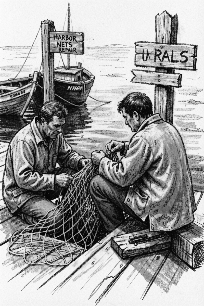 Fishermen mending their nets at a small harbor, in a moment of quiet togetherness.