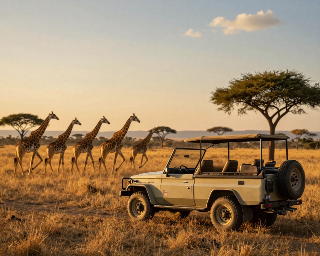 A safari jeep parked as a herd of giraffes crosses the golden savanna