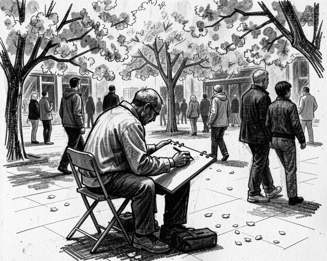 A street artist sketching passersby in a plaza, beneath blossoming trees in full bloom.