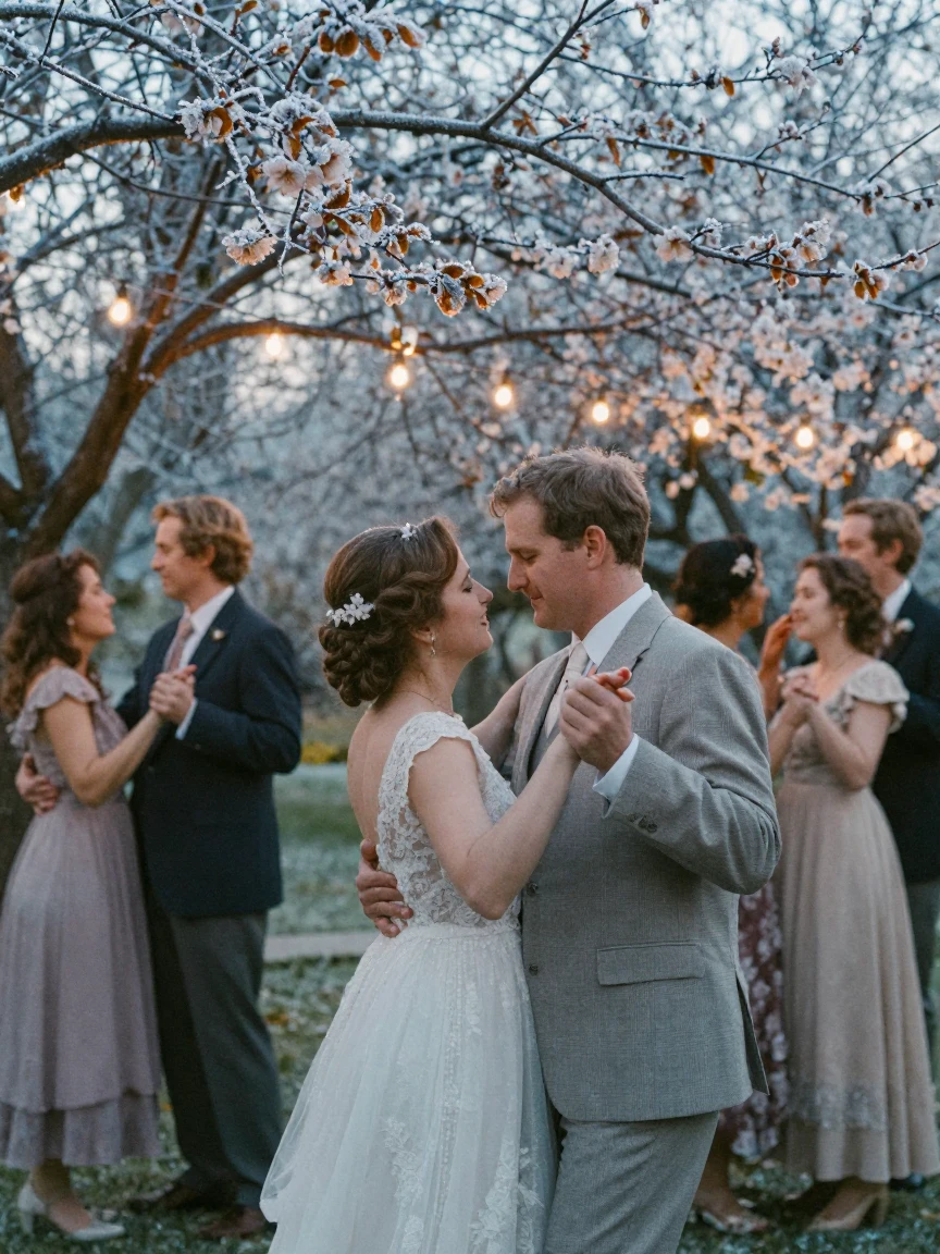 A wedding party dancing beneath strings of warm lights in a garden, in warm morning light, with frost coating every surface, as spring blossoms unfurl, in cool blues and silvery greys, at eye level, intimate and direct.