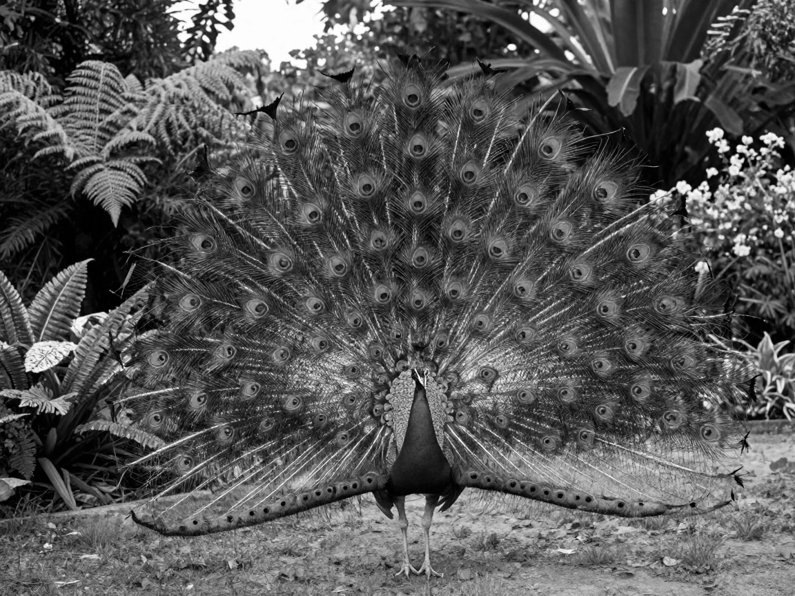 A flamboyant peacock displays its full feathered tail in a lush botanical garden.