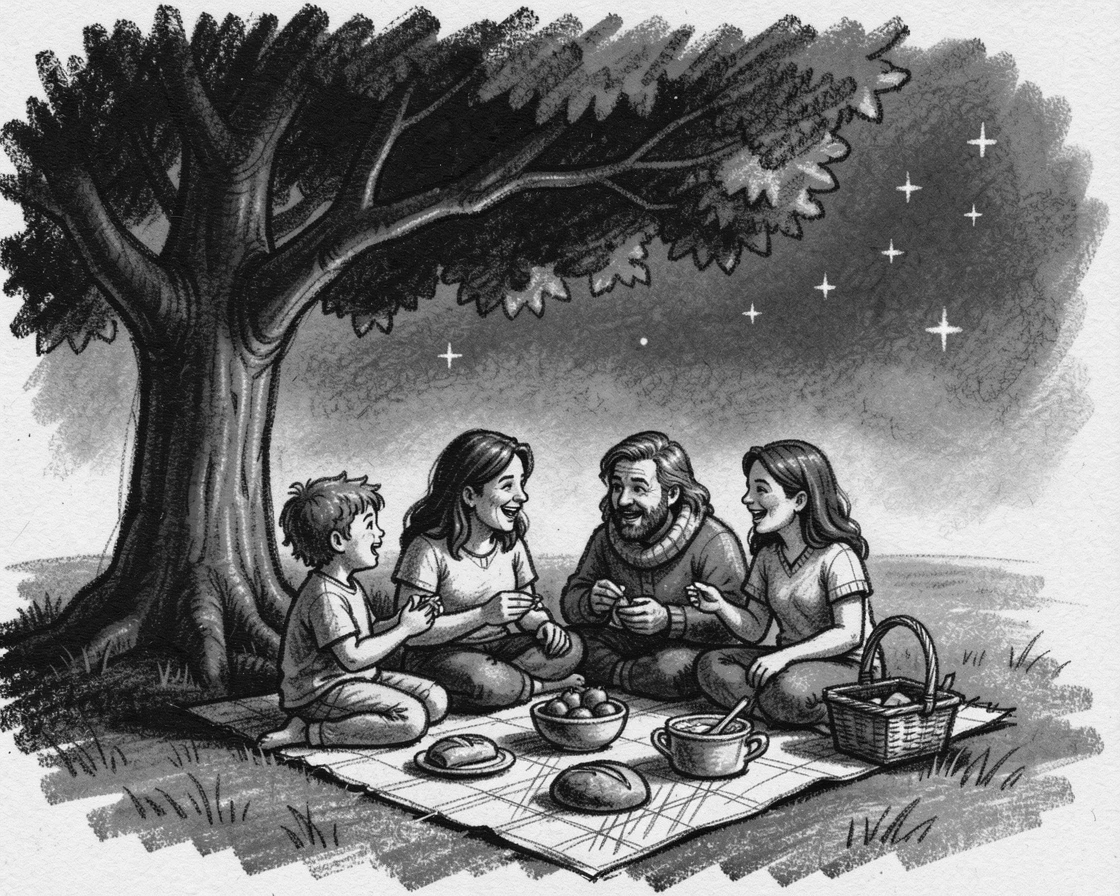 A family sharing a picnic under a large shade tree, as the first stars appear overhead.