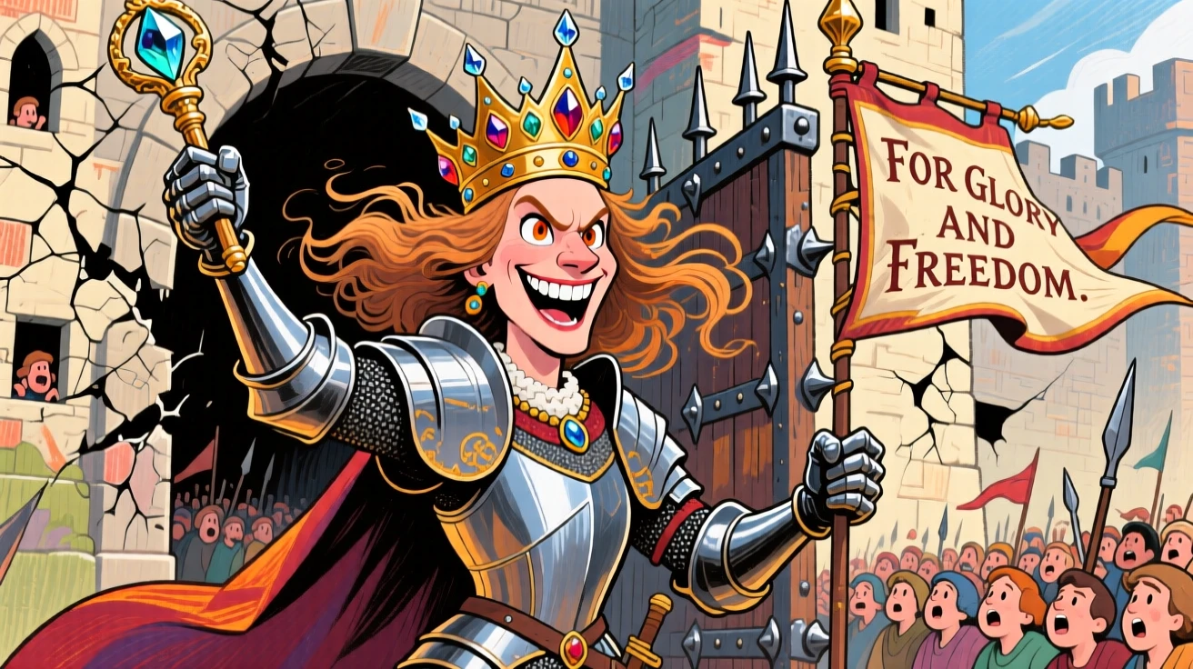 A medieval queen leading her people bravely through a besieged castle gate.