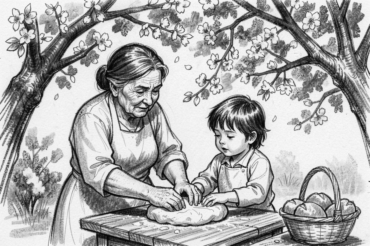 A grandmother teaching her grandchild to bake bread, beneath blossoming trees in full bloom.