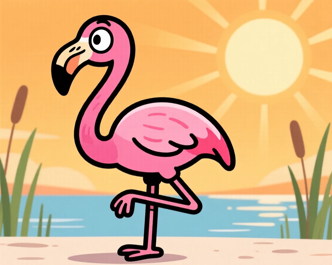 A charming animal moment featuring a sassy flamingo reacting with wide-eyed surprise to something offscreen, under a warm golden afternoon sun.