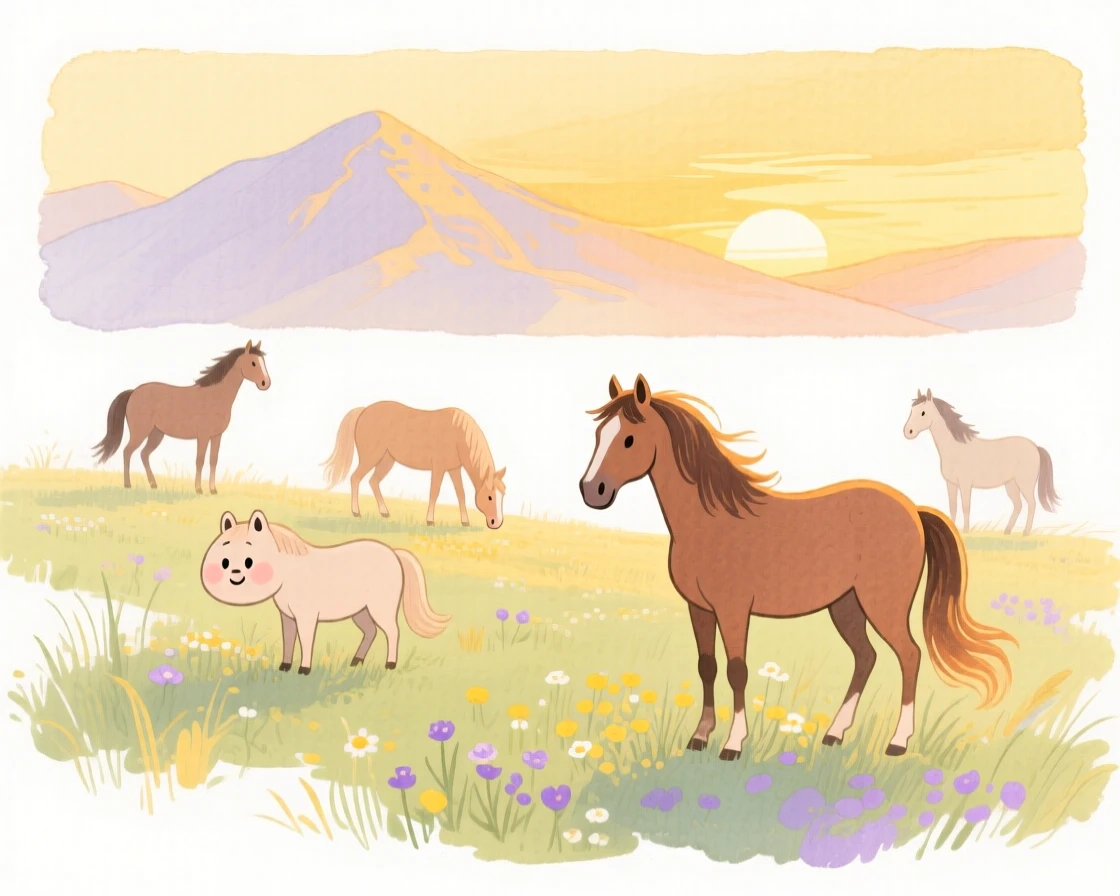 A serene landscape of a mountain meadow with grazing wild horses at golden sunset