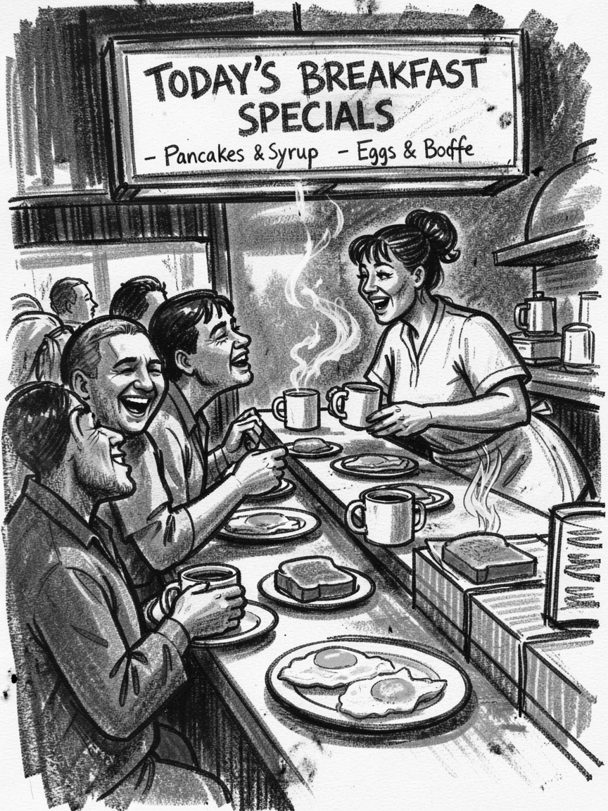 A busy diner counter during the breakfast rush, as laughter fills the air around them.