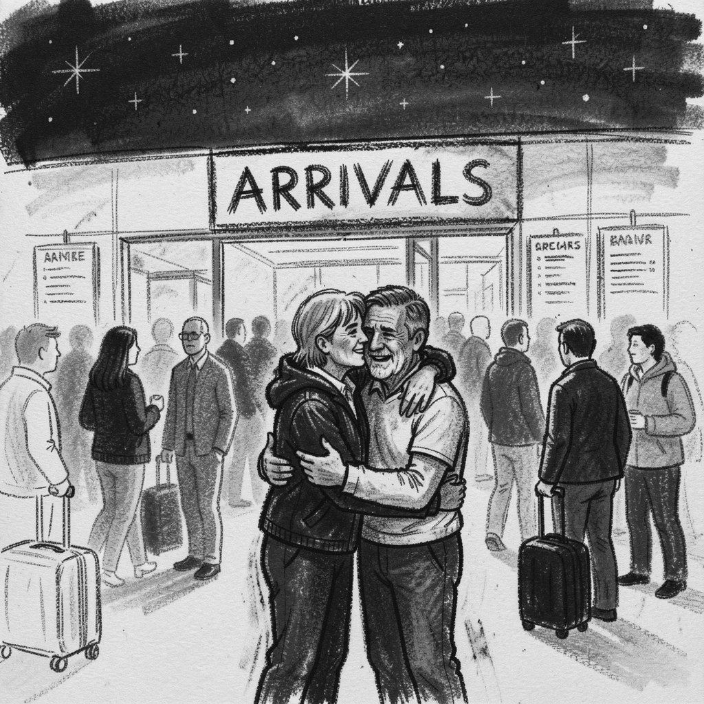 An old friend reunion at a busy airport arrivals gate, as the first stars appear overhead.