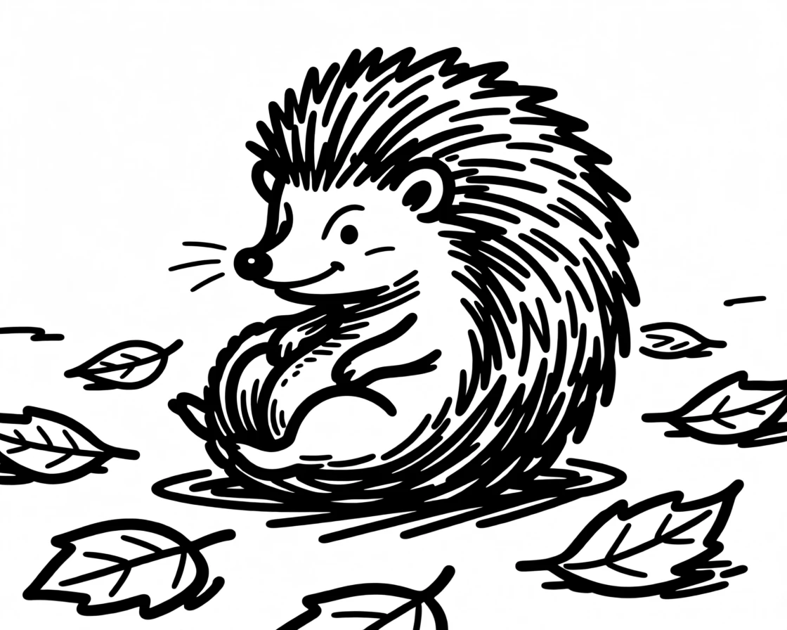 A tiny hedgehog curled into a ball among fallen autumn leaves.
