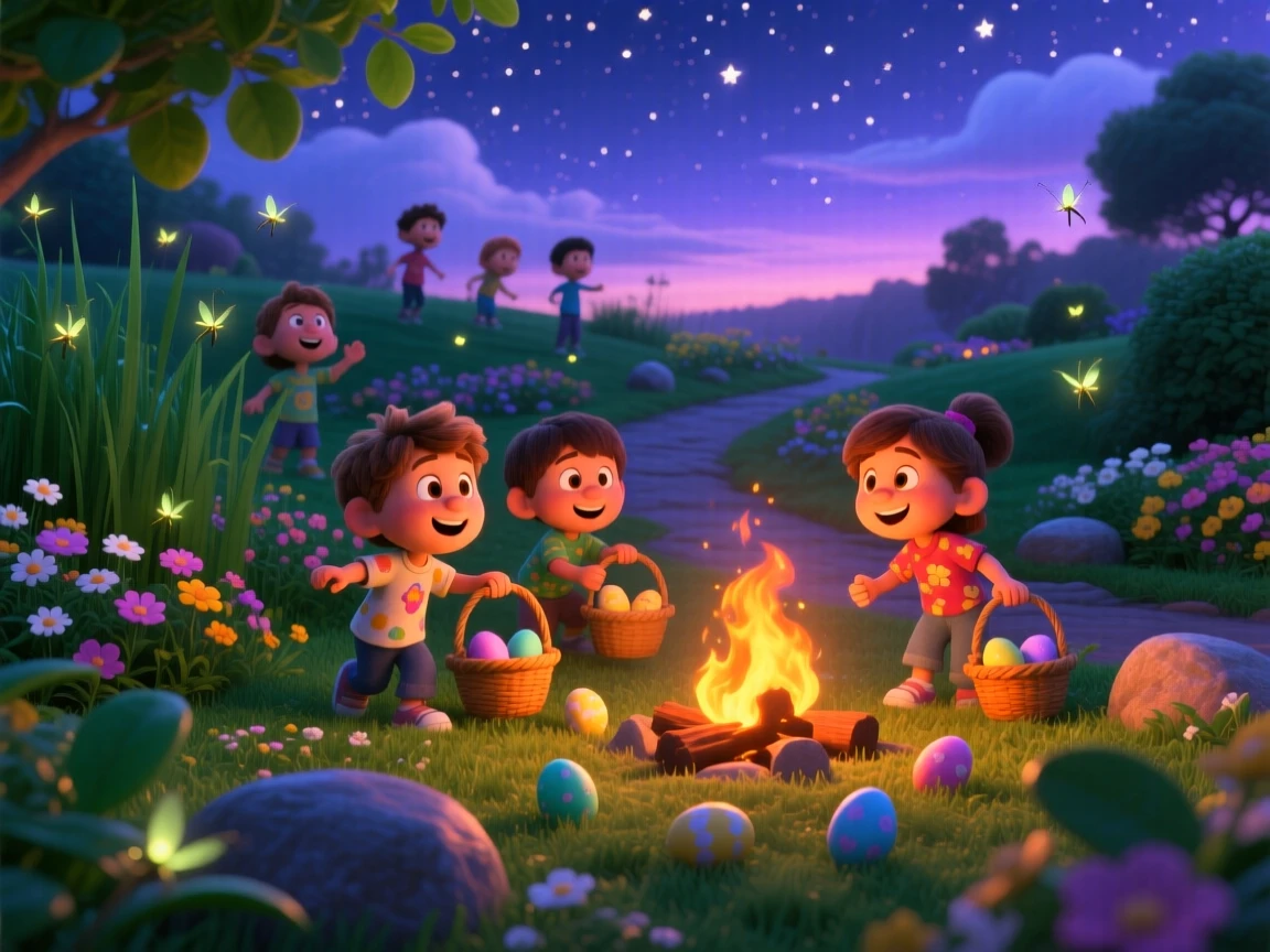 Kids hunting for hidden eggs in a spring garden happens around a crackling bonfire under a starry sky, with fireflies flickering in the dusk. A cozy, cheerful spirit radiates through the moment.