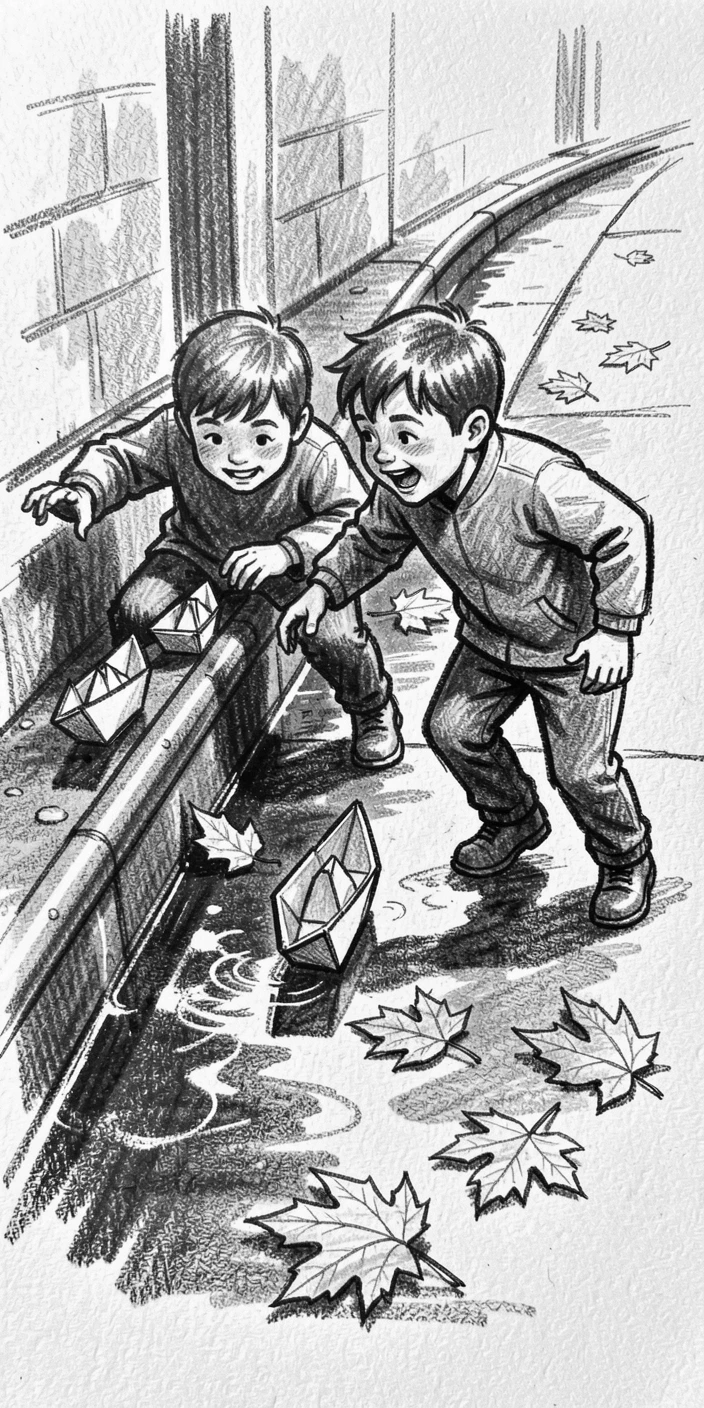 Kids racing paper boats down a rain gutter, with autumn leaves scattered underfoot.