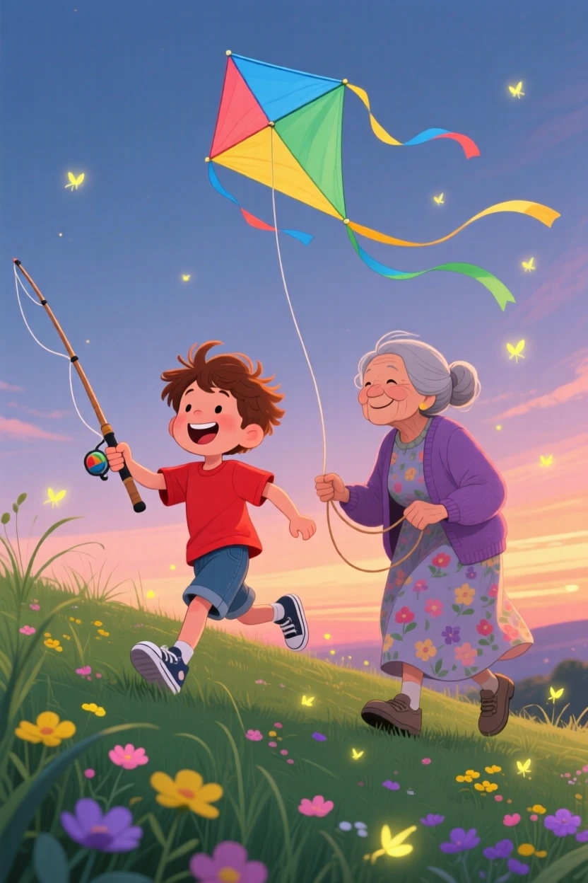 A boy with a fishing rod laughs while flying a kite on a breezy hilltop together with her grandmother, as fireflies begin to twinkle.
