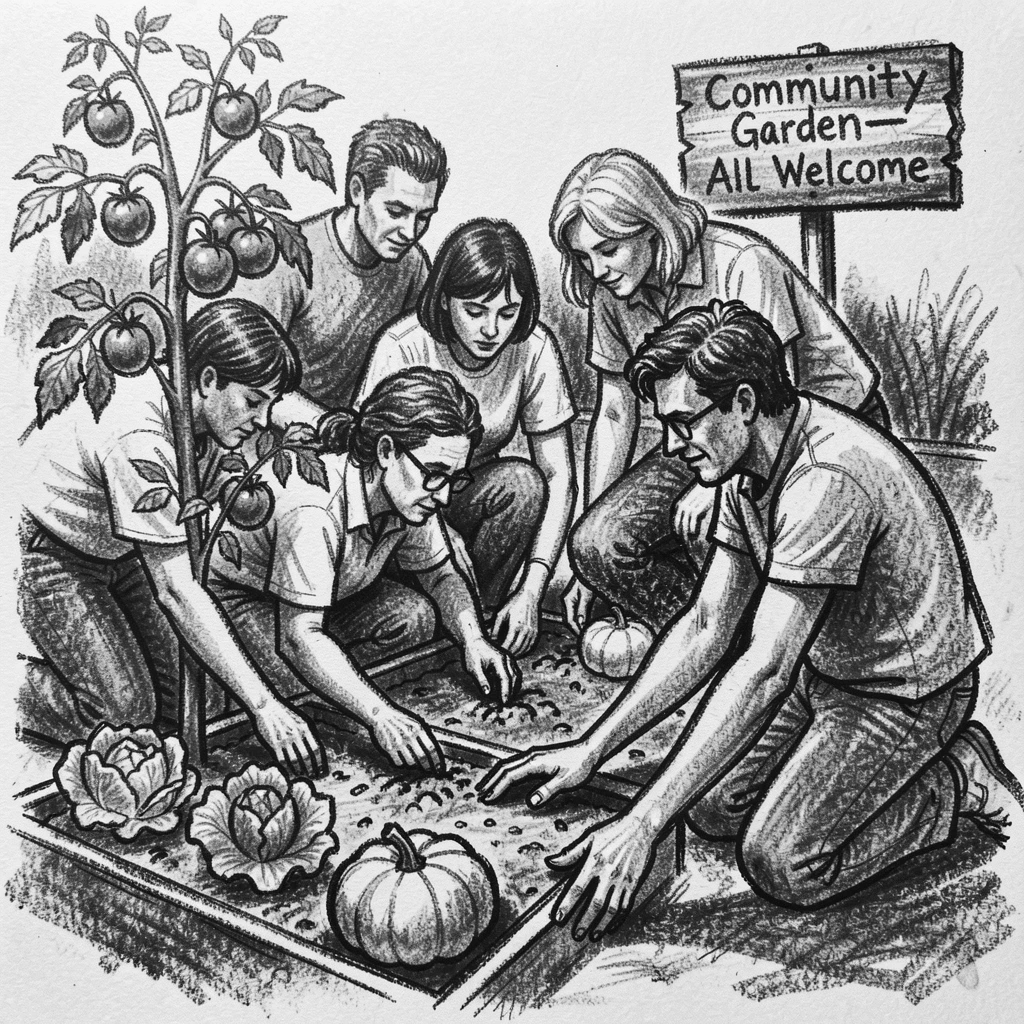 A community garden with neighbors tending vegetable plots, with everyone gathered close together.
