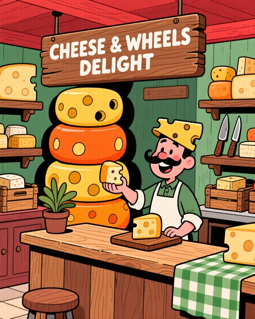 A cheese shop with wheels stacked high behind a wooden counter.