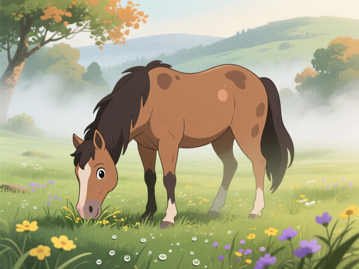 A horse grazing peacefully in a misty pasture, with a curious expression, ears perked up, radiating pure charm.