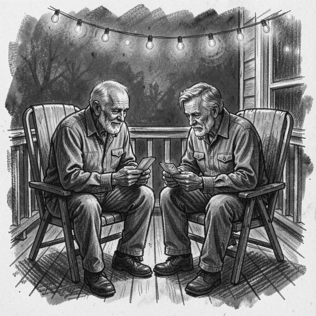 Two old friends playing cards on a porch, under the warm glow of string lights.