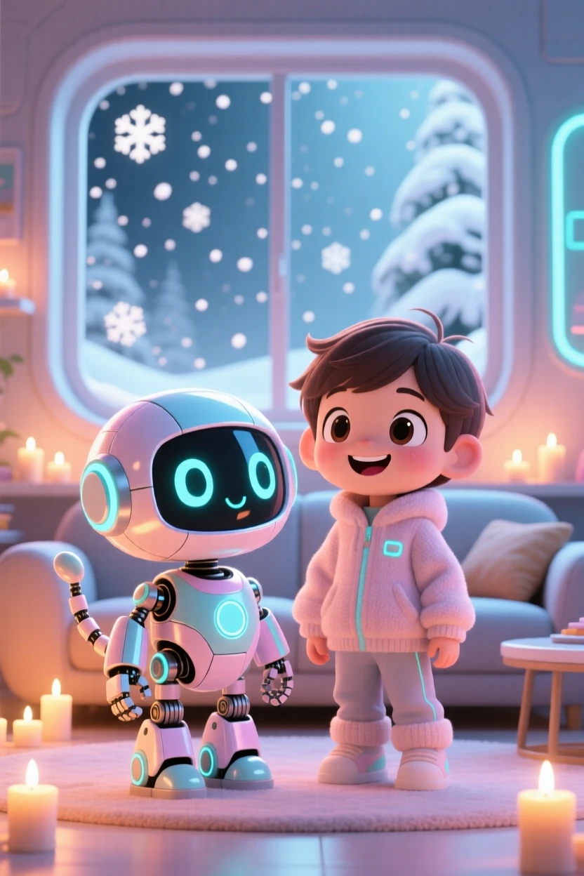 A friendly robot pet wagging a mechanical tail beside a child, framed as a waist-up portrait within a cozy futuristic living room, amid softly falling snow, glowing under gentle candlelight, evoking triumphant pride.