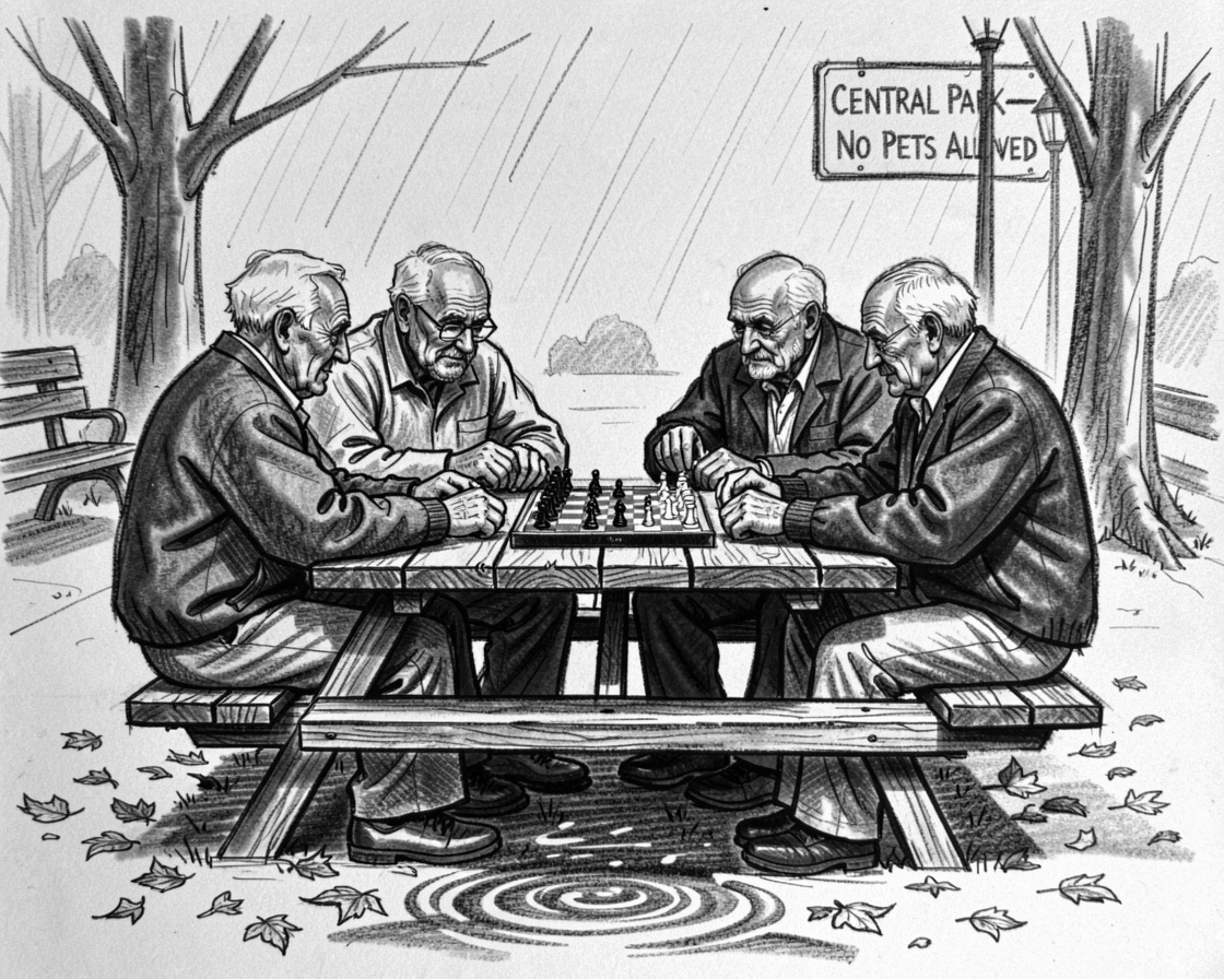 A group of elderly men playing chess in a park, as gentle rain patters down around them.