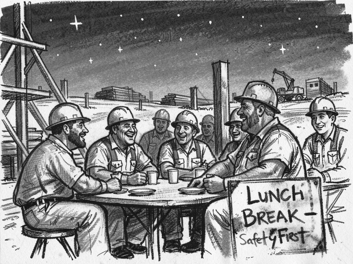 Workers sharing lunch break laughter at a construction site, as the first stars appear overhead.