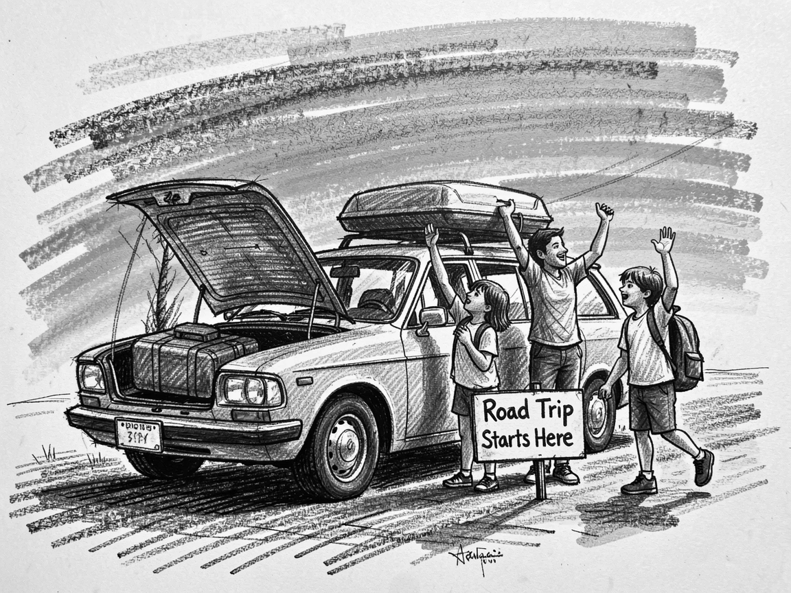 A family loading a car for a road trip, beneath a sky streaked with sunset colors.