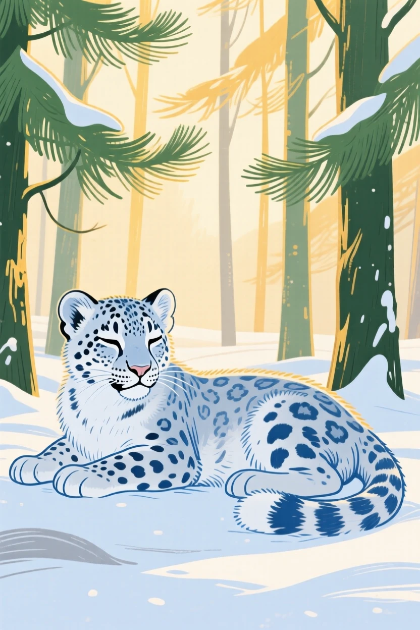 A snow leopard cub resting in a snowy pine forest during golden hour.