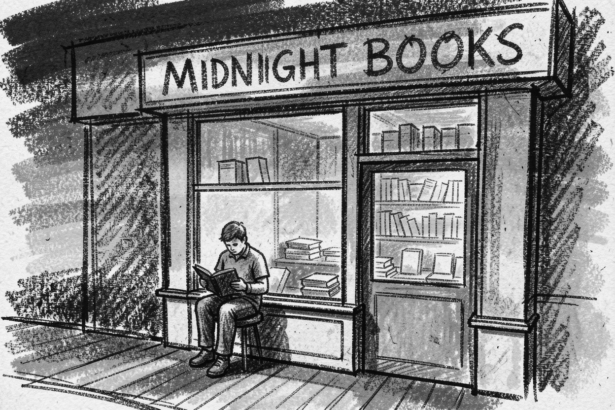 A late-night bookstore with a single reader by the window, beneath a sky streaked with sunset colors.