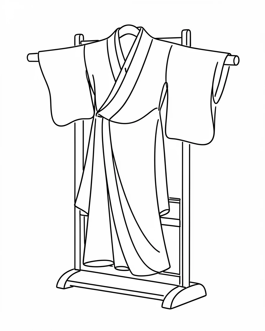 A traditional kimono draped elegantly over a wooden display stand