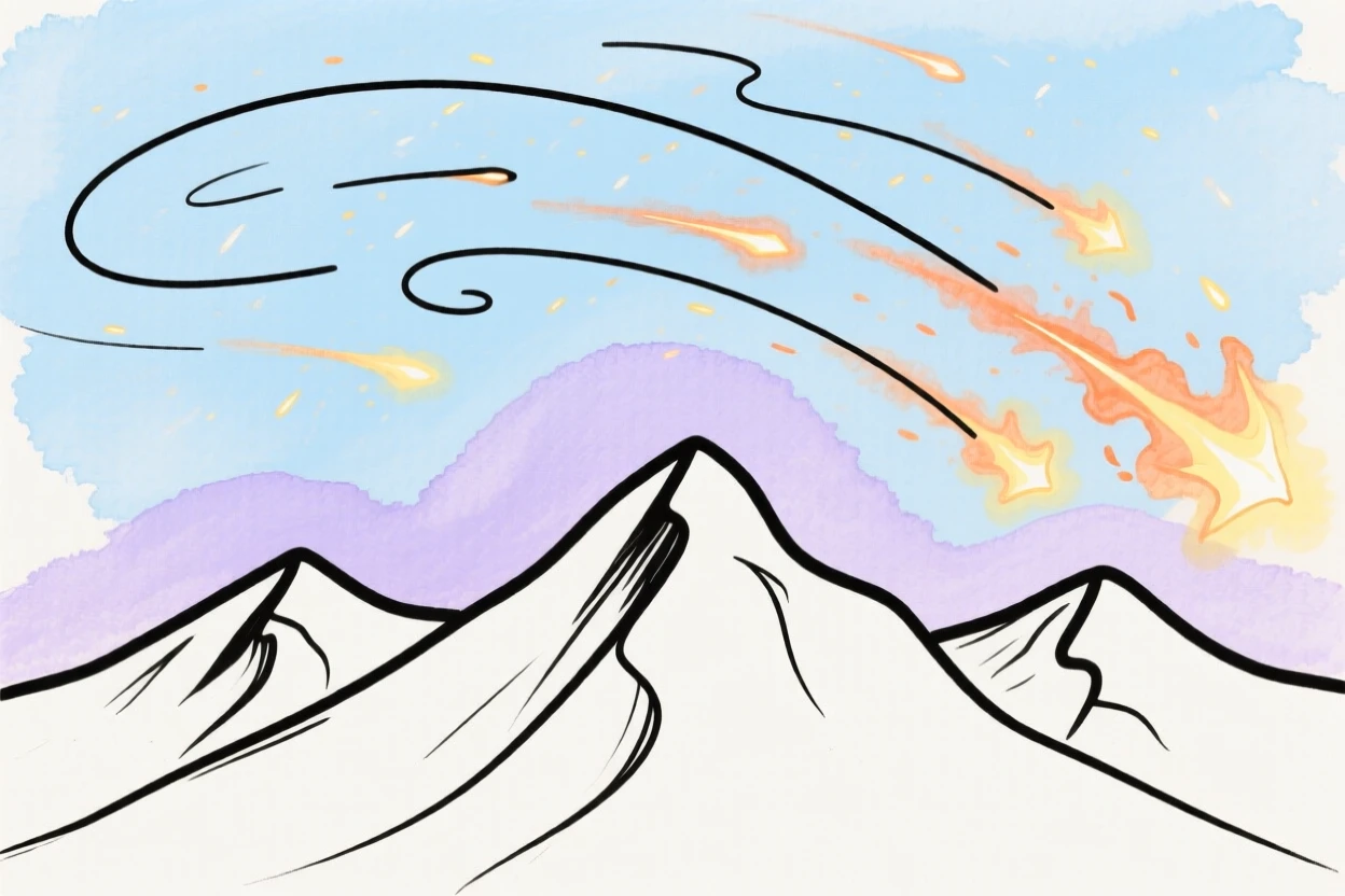 A meteor shower over mountain peaks