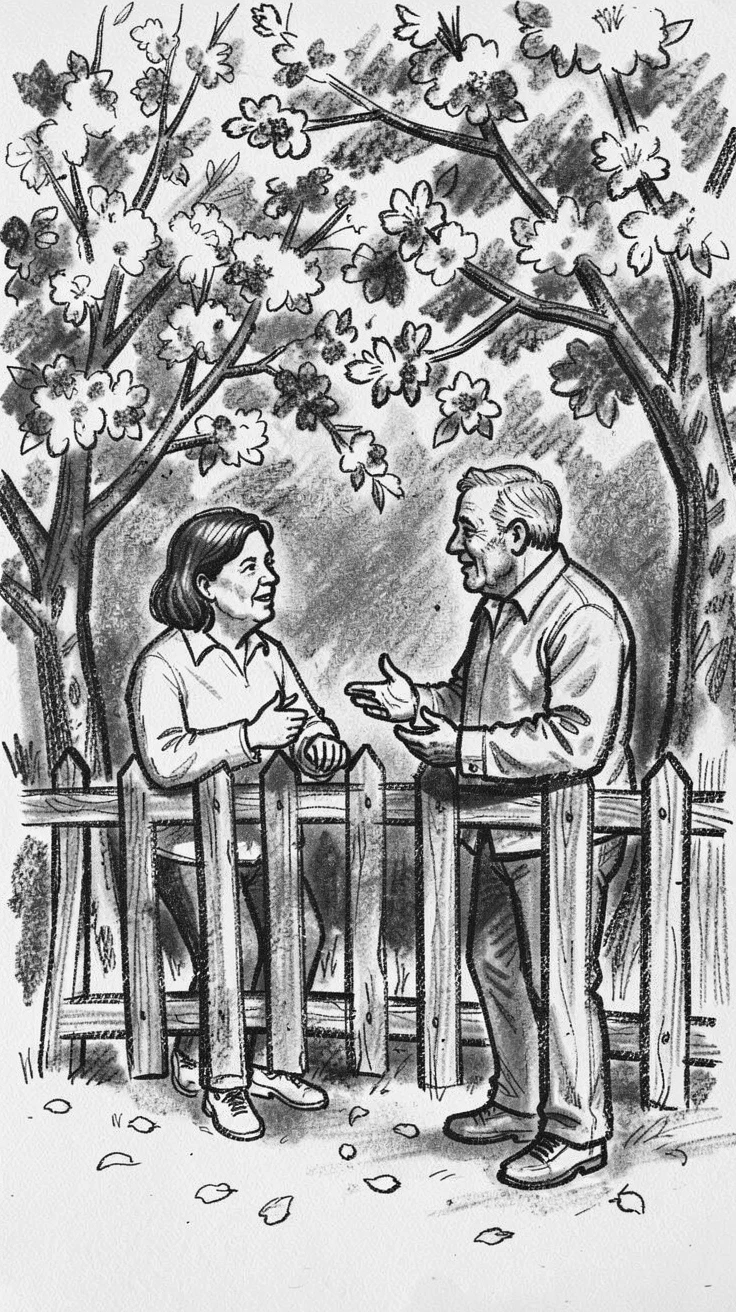 Neighbors chatting over a garden fence, beneath blossoming trees in full bloom.