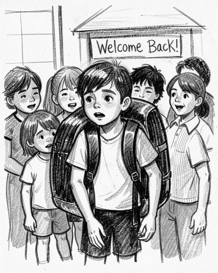 A child's first day of school, backpack too big, with everyone gathered close together.