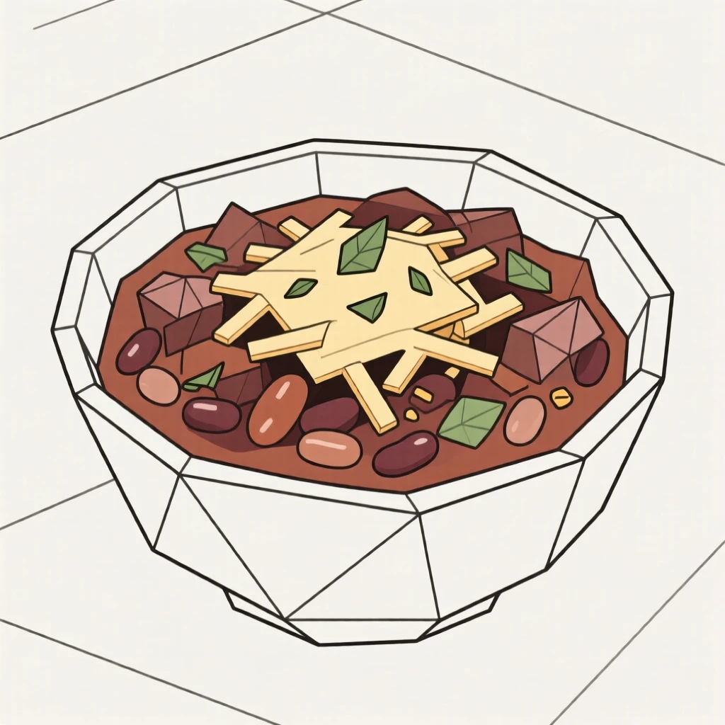A bowl of chili topped with cheese and herbs