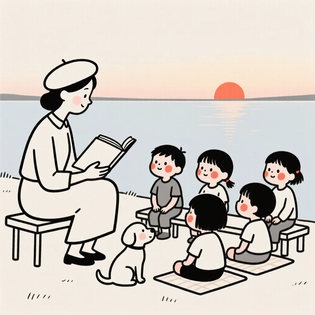 A teacher of french heritage reading to a classroom, full of curious wonder, beside a calm lake at sunrise.