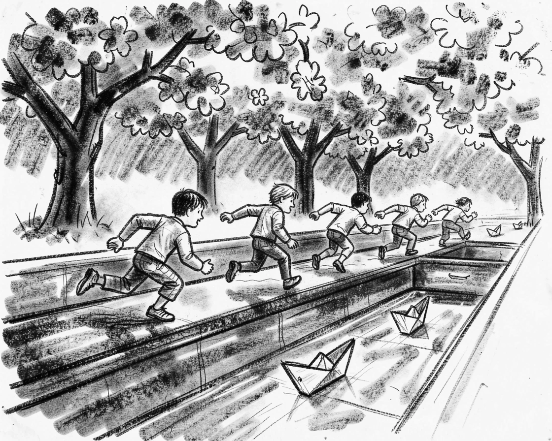 Kids racing paper boats down a rain gutter, beneath blossoming trees in full bloom.