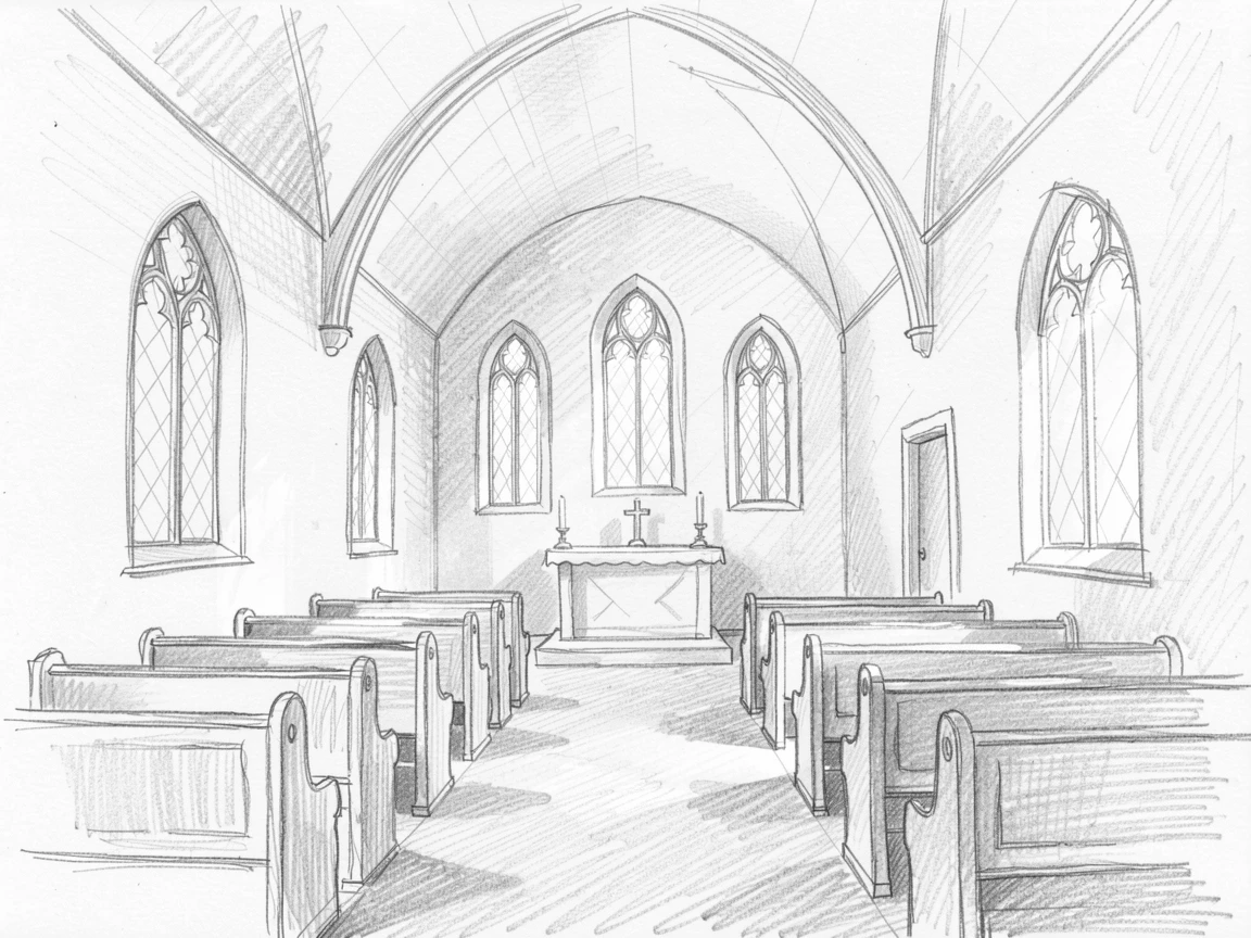 A quiet chapel filled with soft morning light, in complete stillness and silence, radiating quiet hope and renewal.