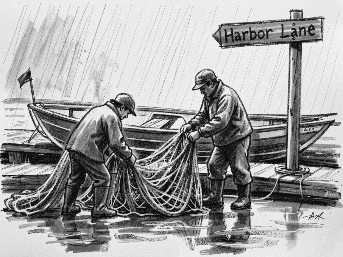 Fishermen mending their nets at a small harbor, as gentle rain patters down around them.