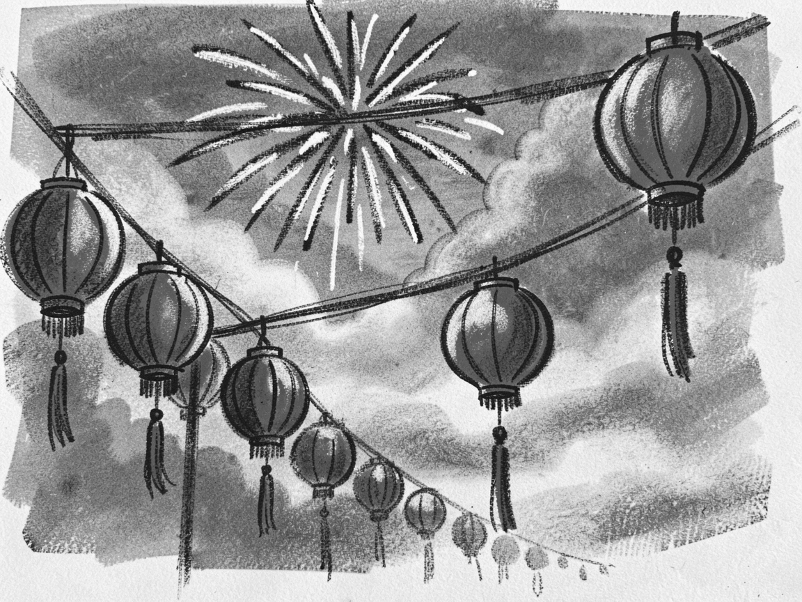 A Lunar New Year celebration with red lanterns and fireworks, with a gentle mist rolling through the background.