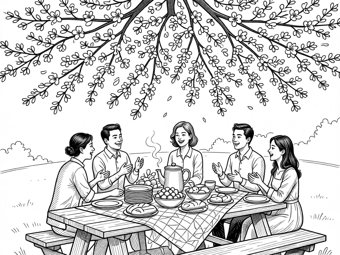 A festive spring picnic celebration with a table set beneath blooming trees.