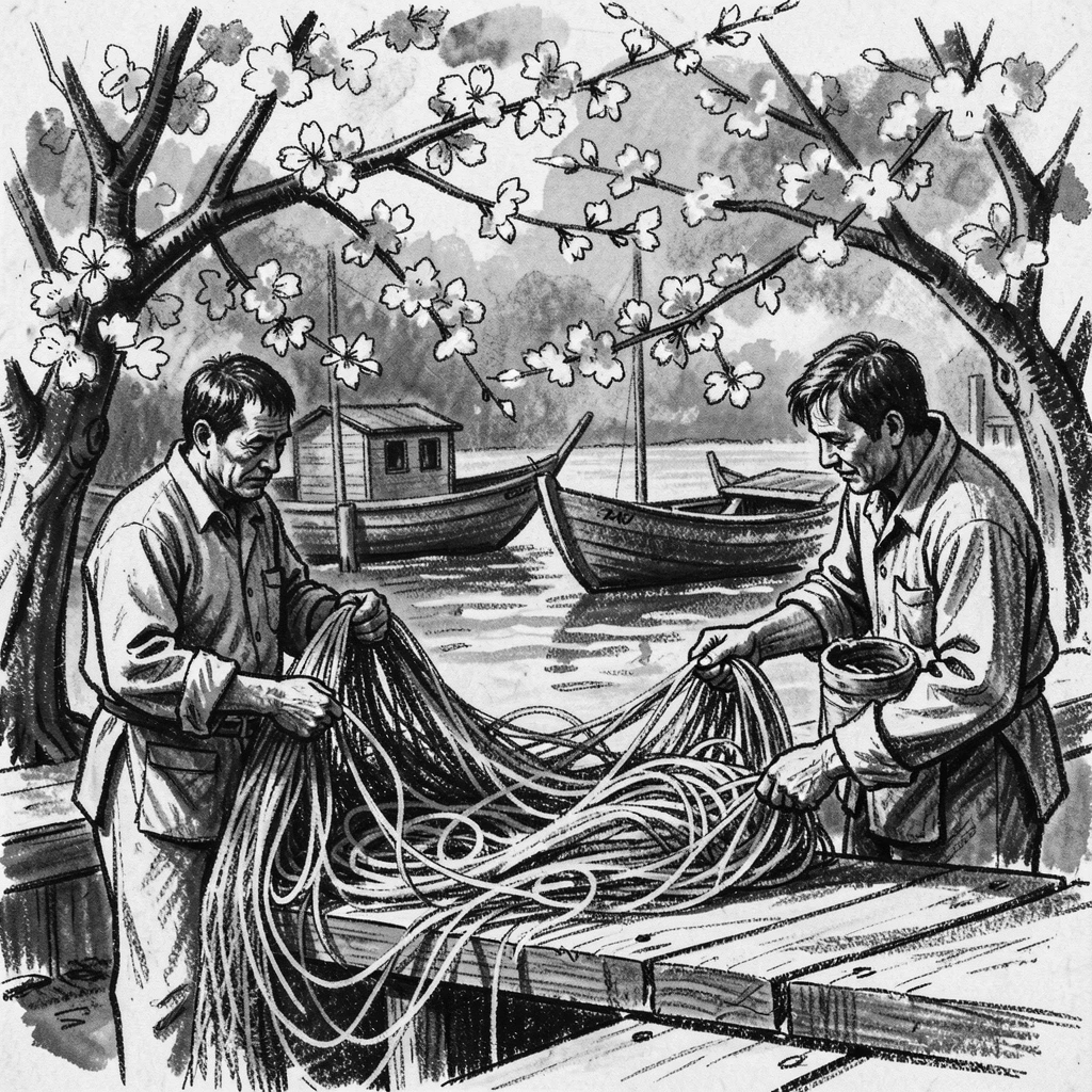 Fishermen mending their nets at a small harbor, beneath blossoming trees in full bloom.