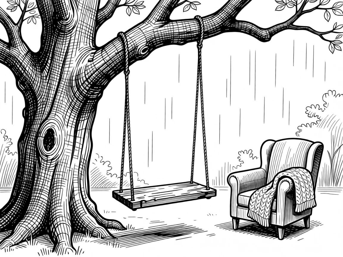 A wooden swing hanging from an old oak tree with the sound of rain tapping softly nearby, with a soft knitted throw draped over the arm of a chair, evoking a gently inspiring sense of calm.