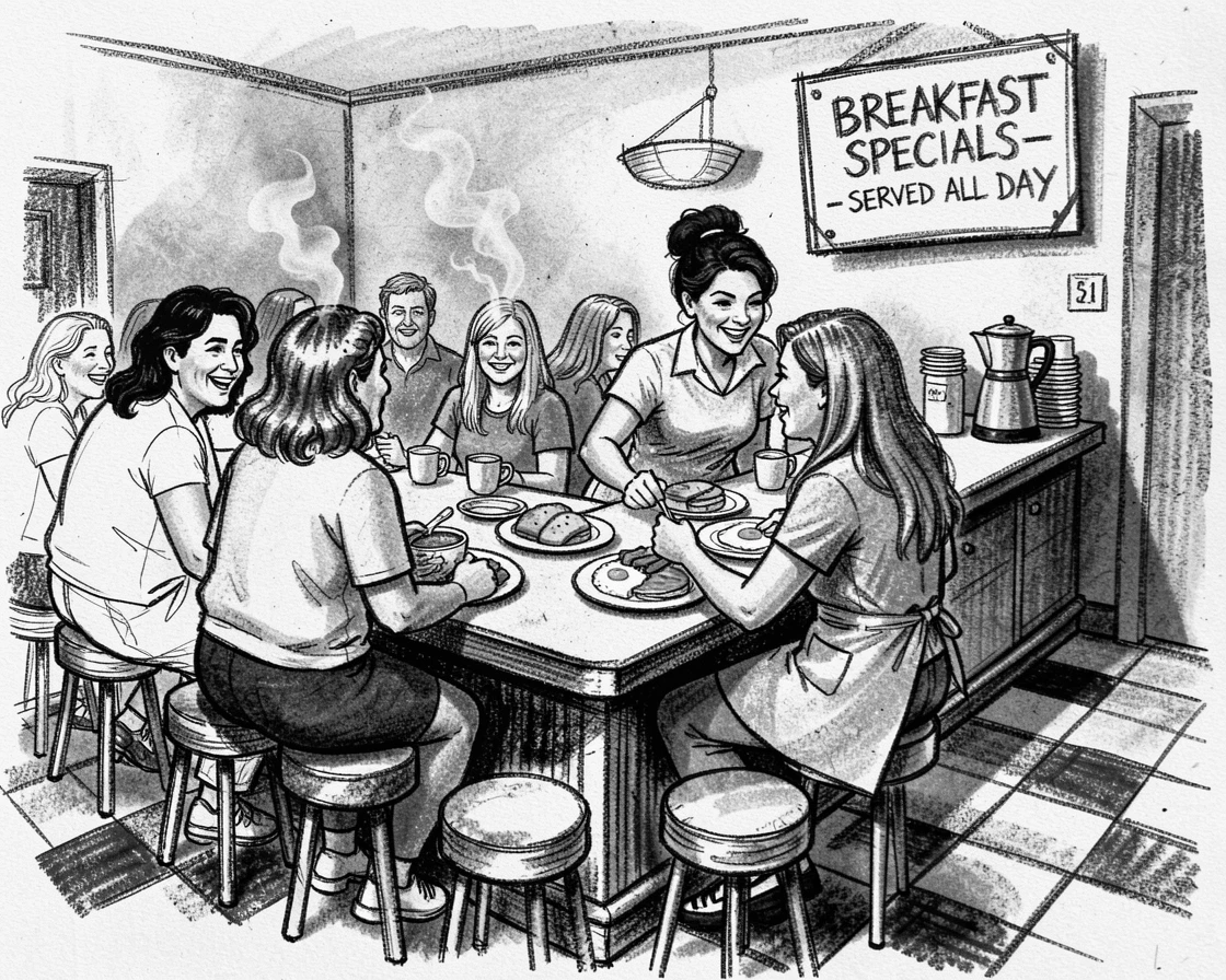 A busy diner counter during the breakfast rush, with everyone smiling and full of warmth.