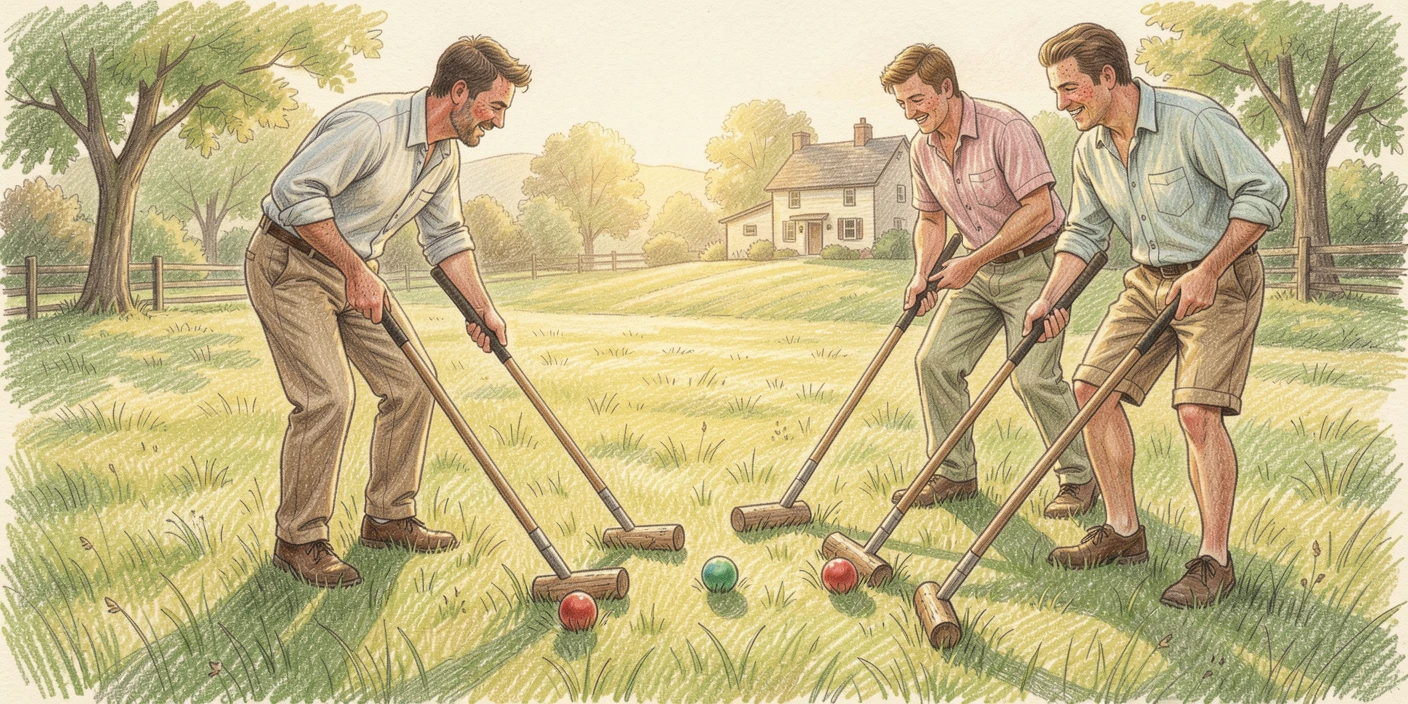 A rustic countryside croquet match on a sunlit lawn, bathed in the warm glow of golden-hour light, designed to feel inviting, memorable, and shareable.