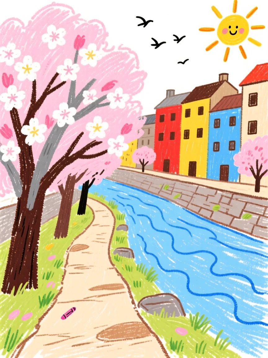 Cherry blossom trees lining a riverside path in an old city.