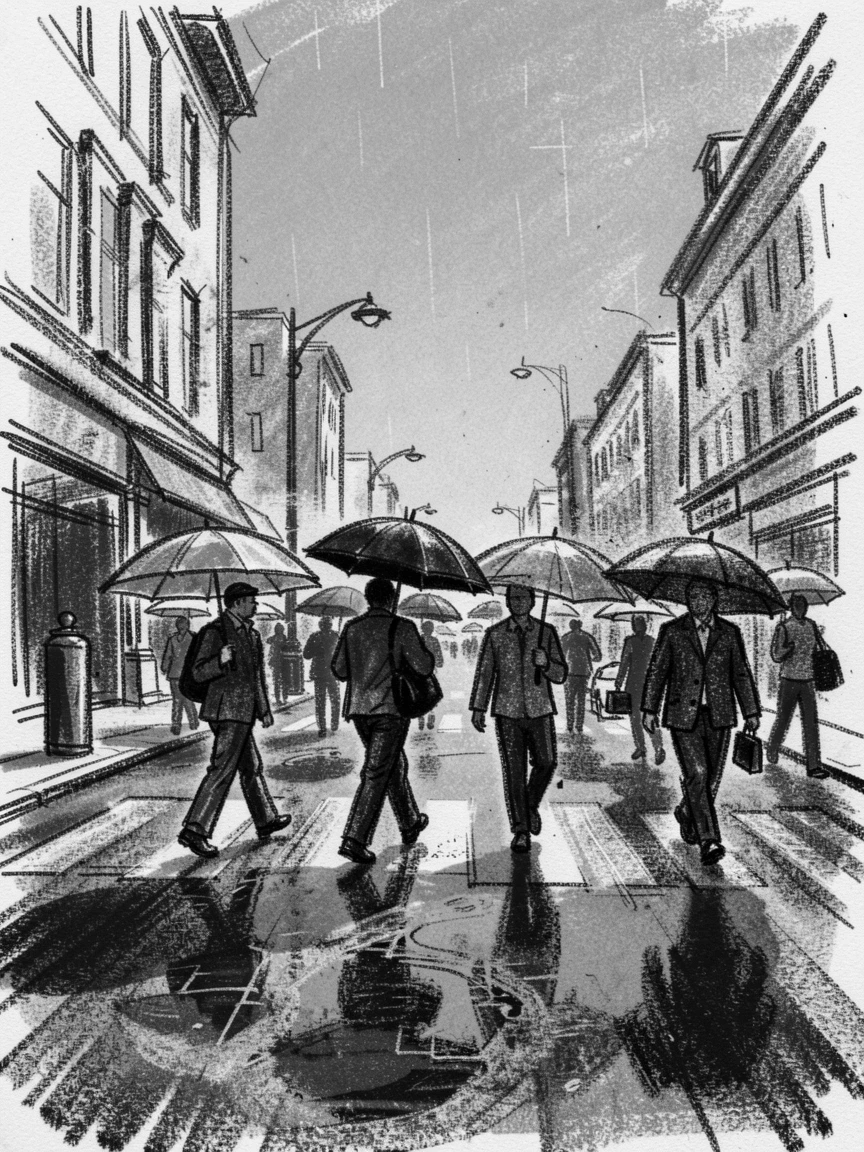 Commuters crossing a rain-soaked city street with umbrellas, under a clear blue midday sky.