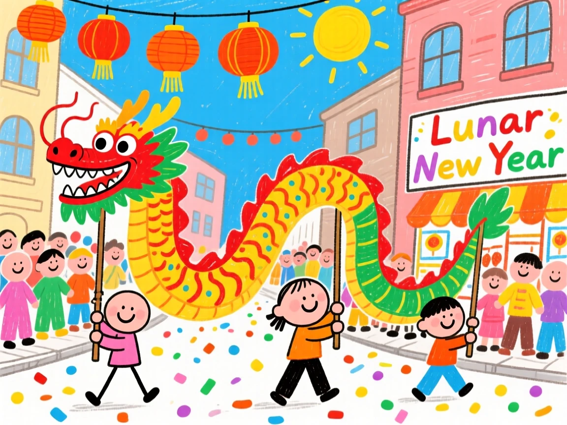 Dragon dancers weaving through a crowded street during a Lunar New Year parade.