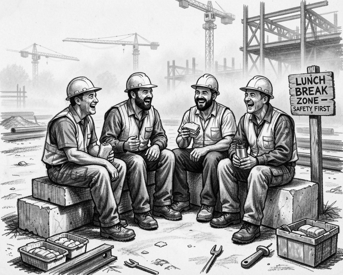 Workers sharing lunch break laughter at a construction site, with a gentle mist rolling through the background.